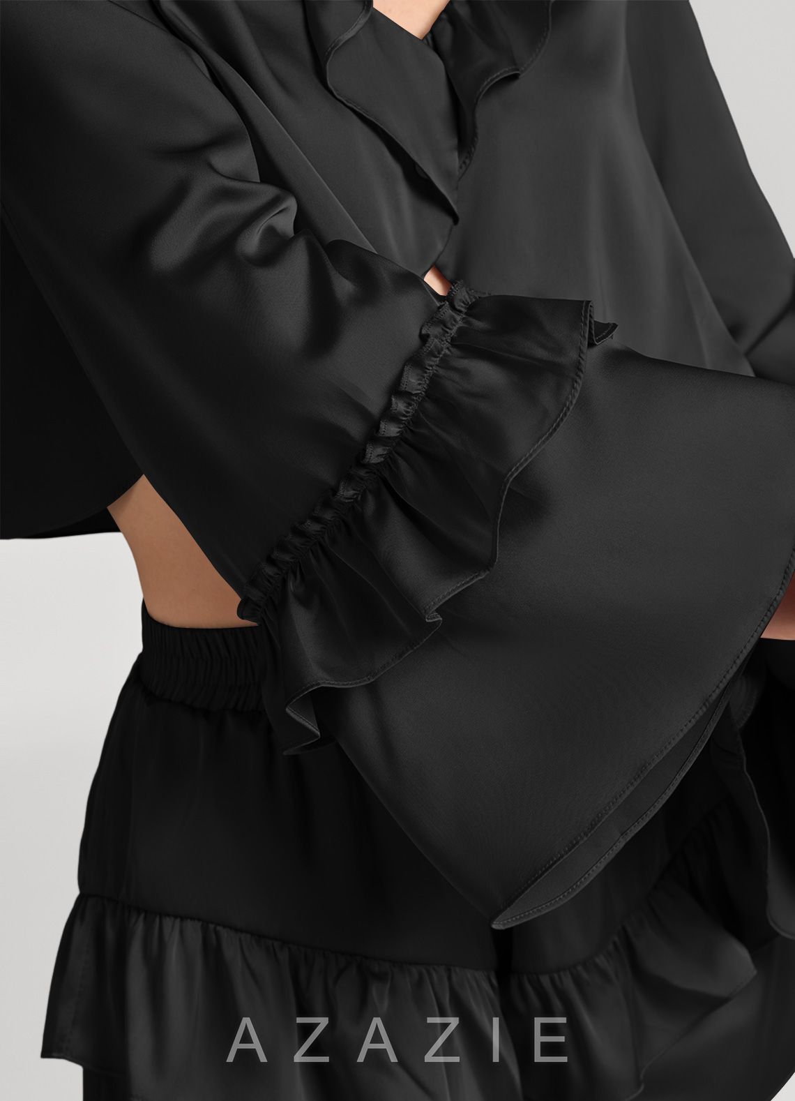 Ruffled Flared Sleeve Satin Pajama Set  black