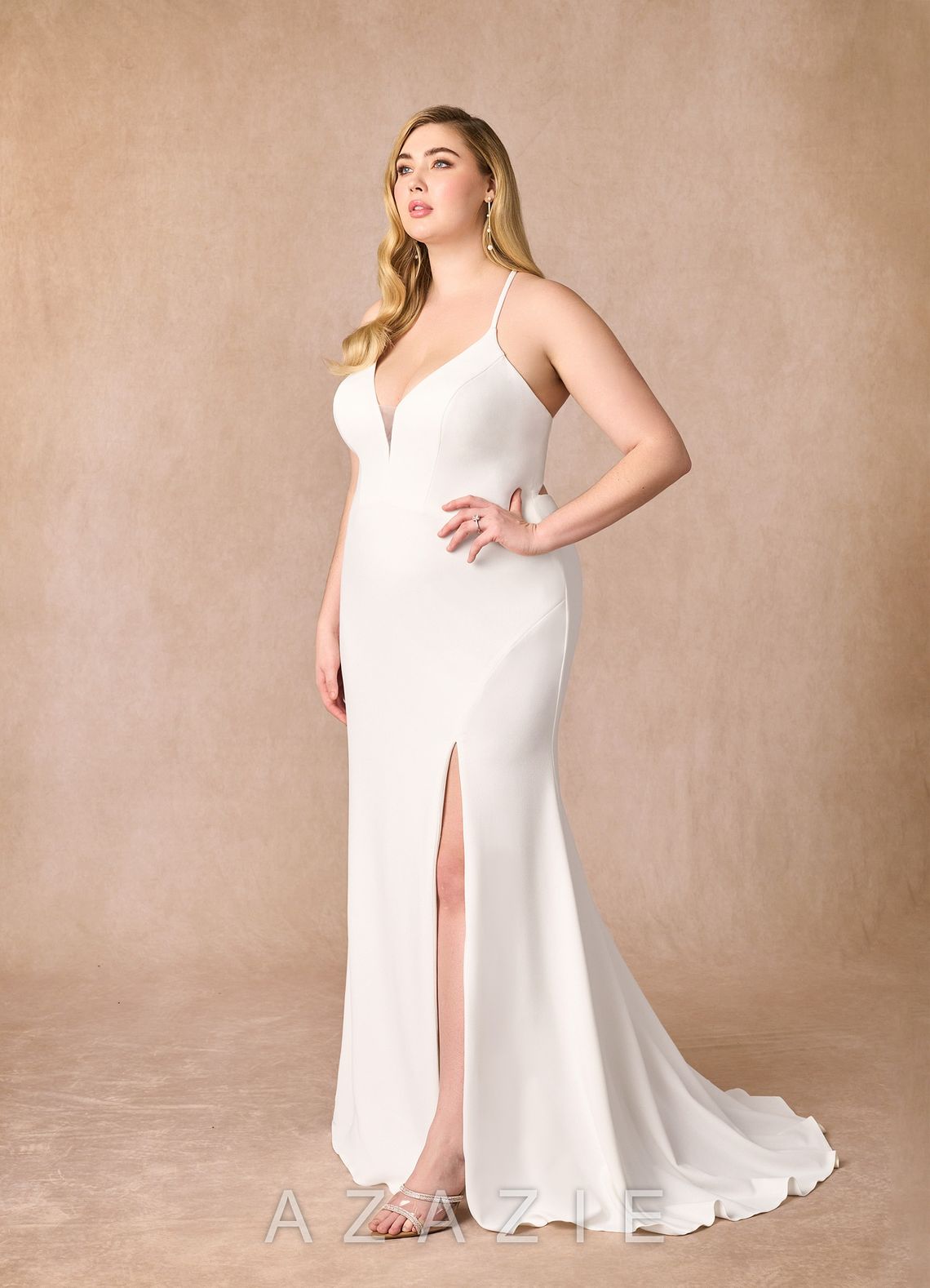 Azazie Iden Diamond White Mermaid V-Neck Stretch Crepe Dress diamond_white