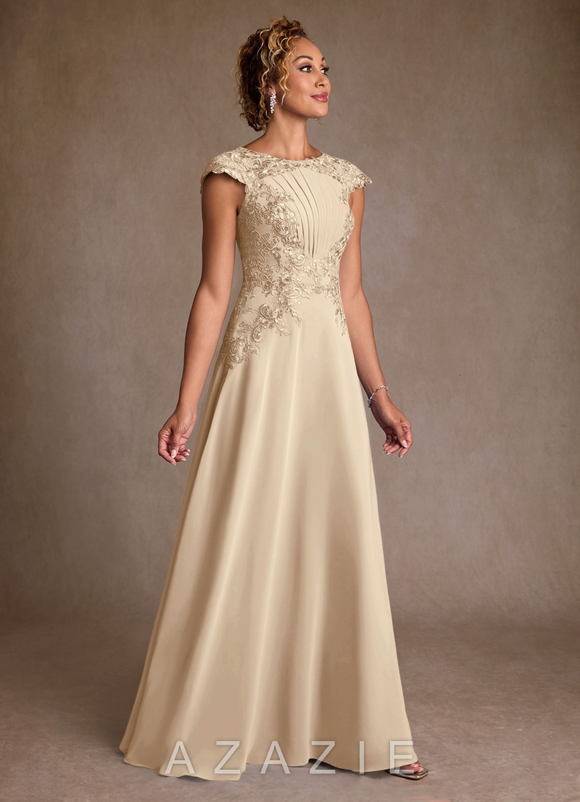 Azazie Christi Champagne A-Line Lace Chiffon Dress champagne