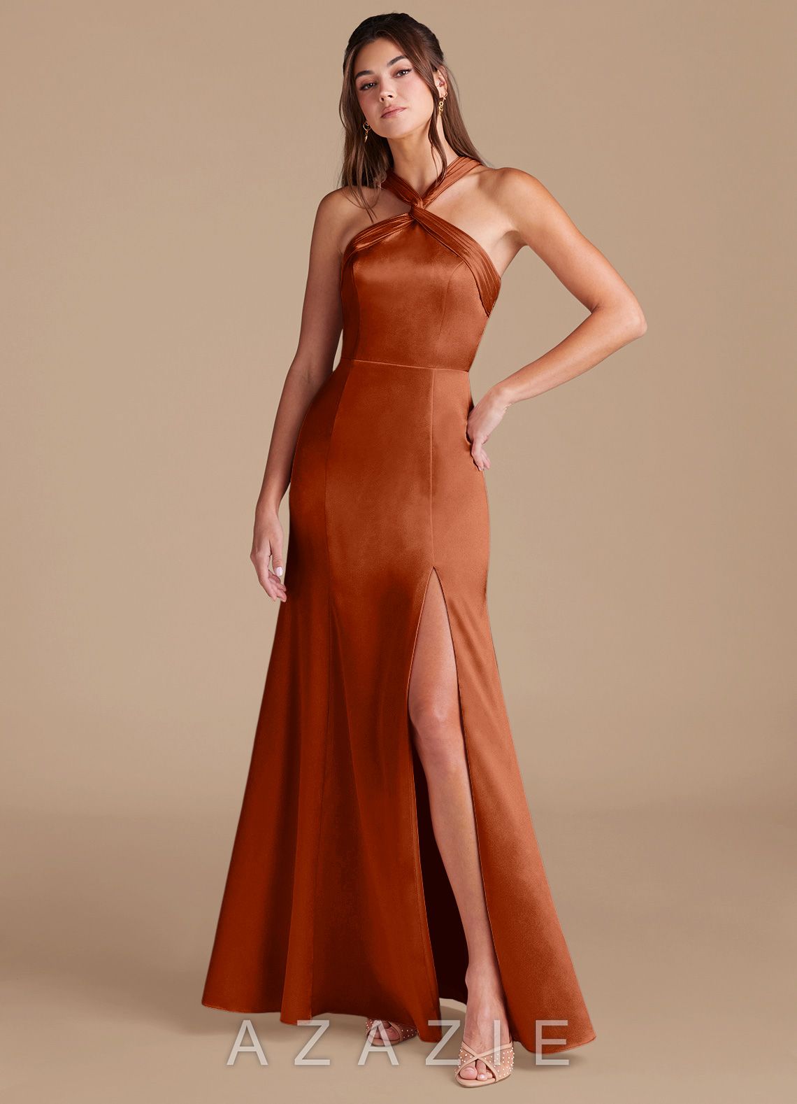 Azazie Rue Auburn Mermaid Pleated Metallic Satin Dress auburn