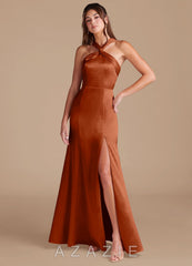Azazie Rue Auburn Mermaid Pleated Metallic Satin Dress auburn