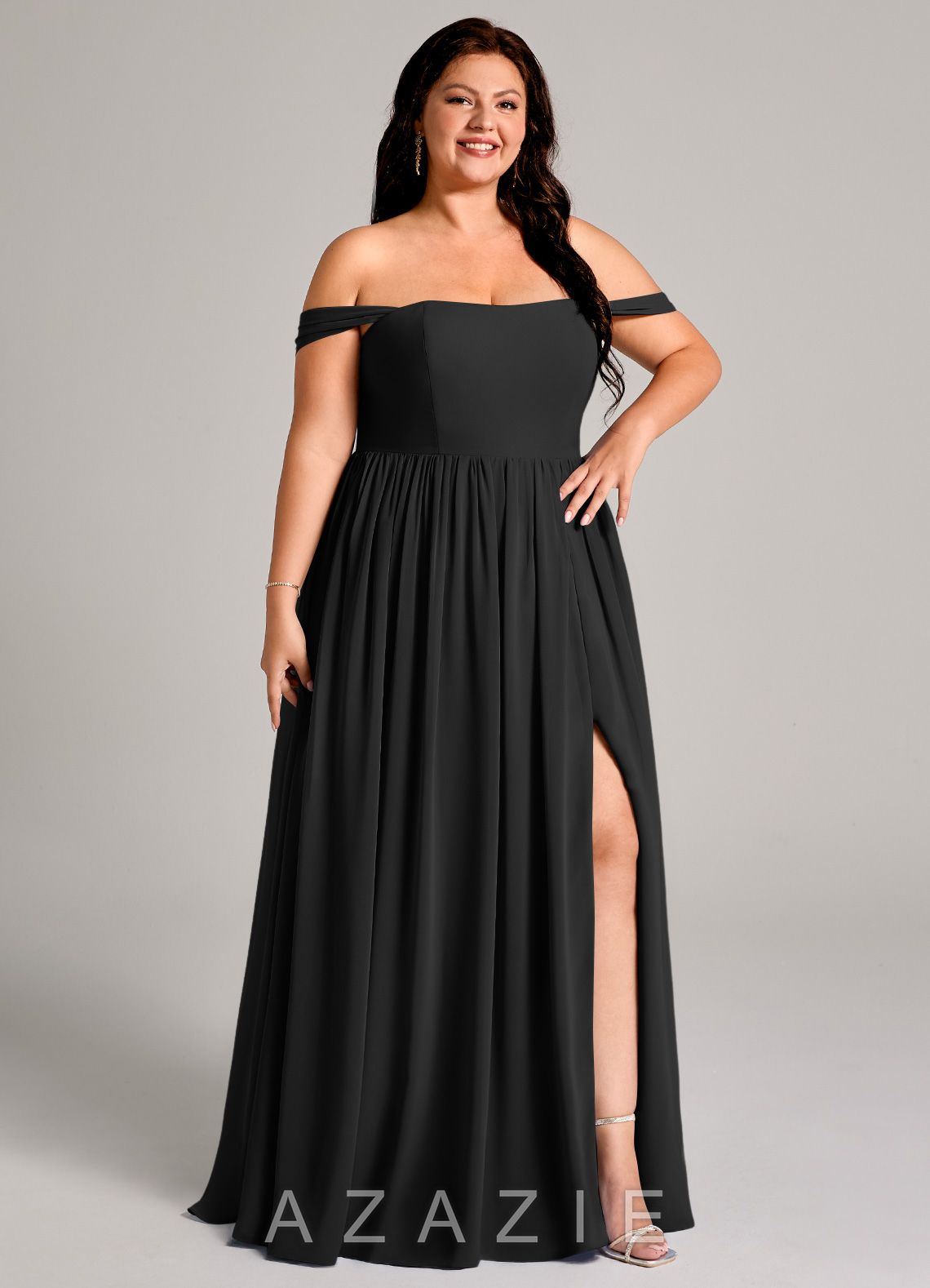 Azazie Calianna Black A-Line Off the Shoulder Chiffon Convertible Dress black