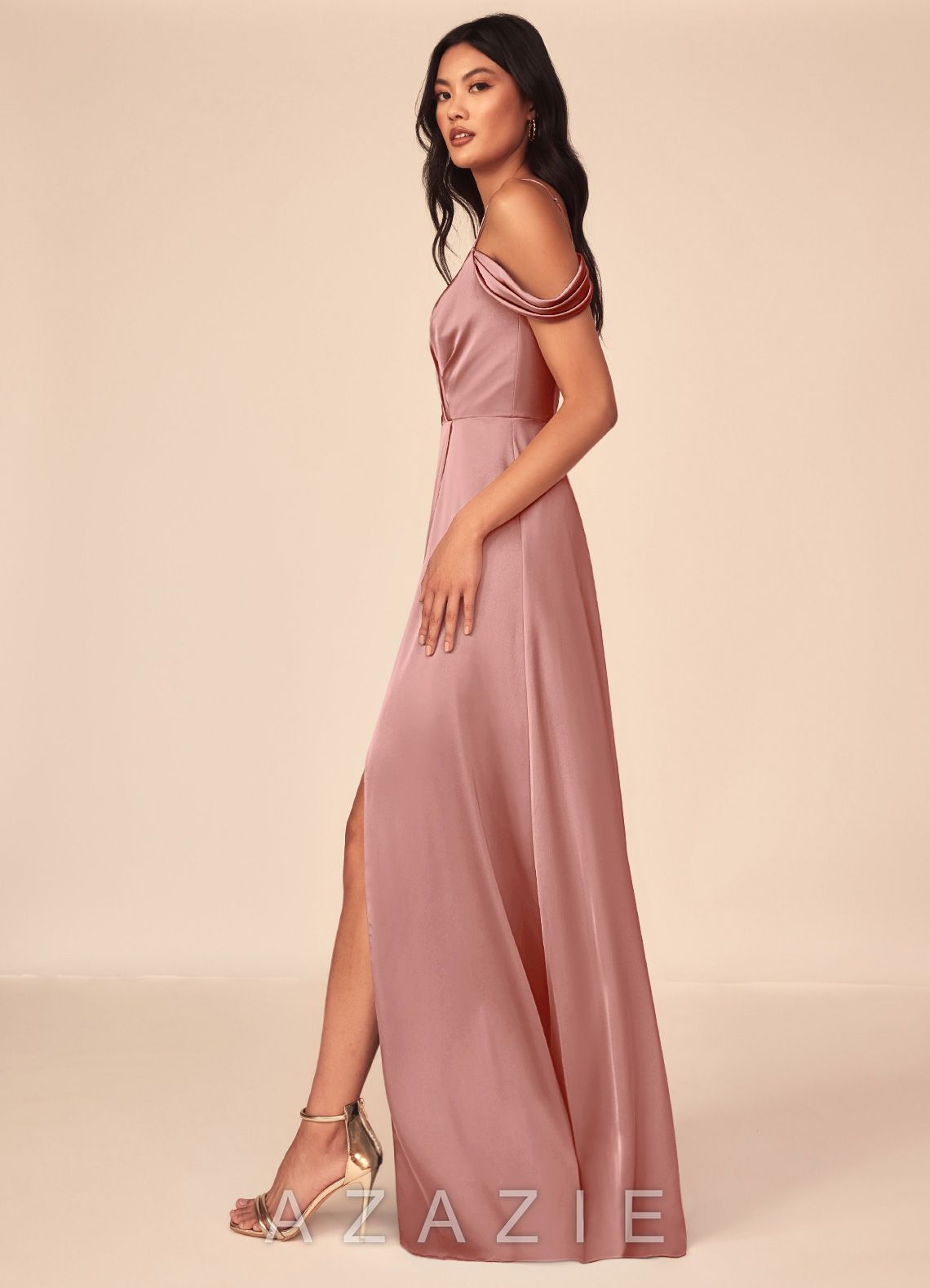 Azazie Ocean Rosette A-Line V-Neck Pleated Stretch Satin Dress rosette
