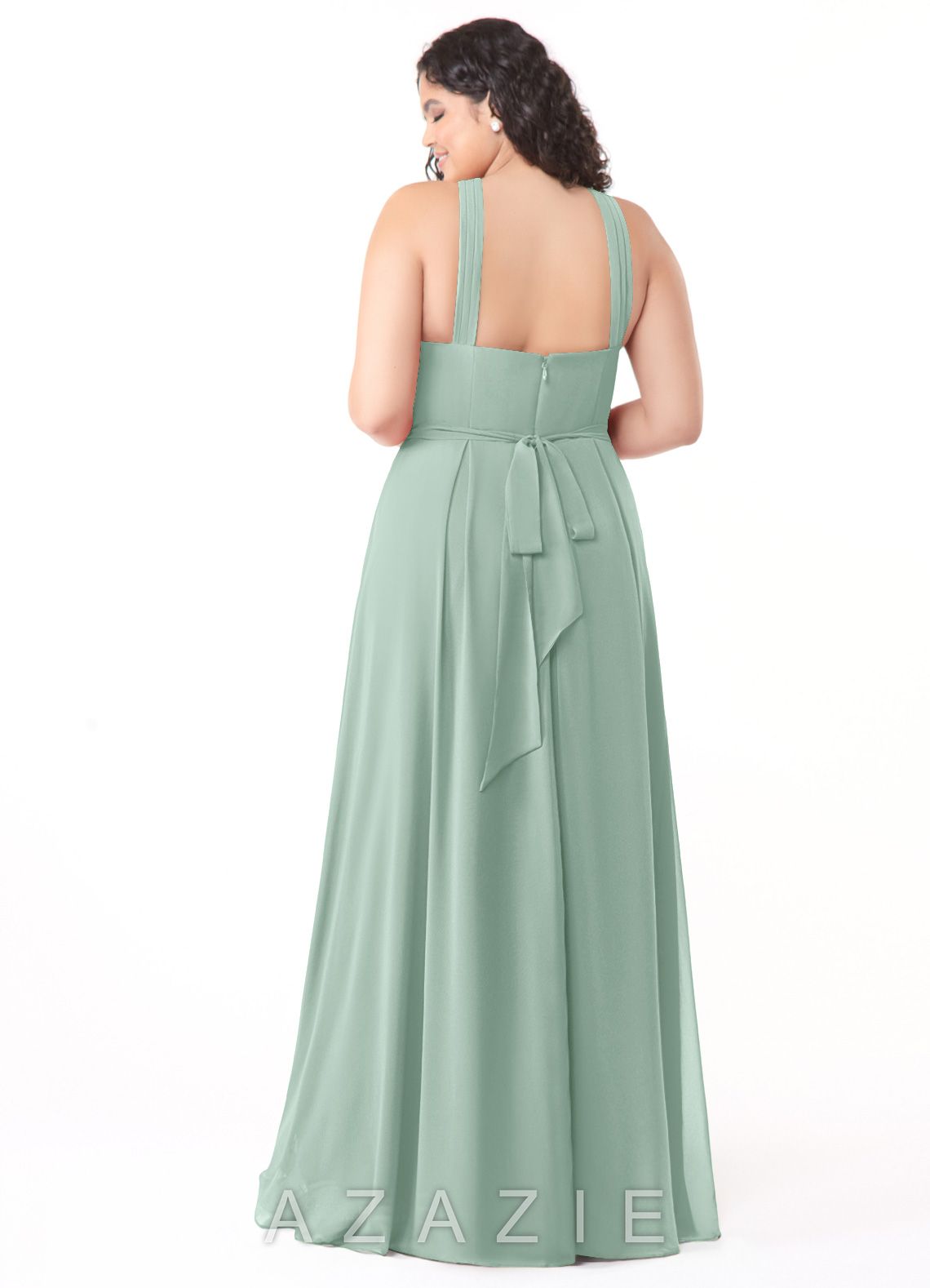 Azazie Dixie Agave A-Line Halter Pleated Chiffon Dress agave