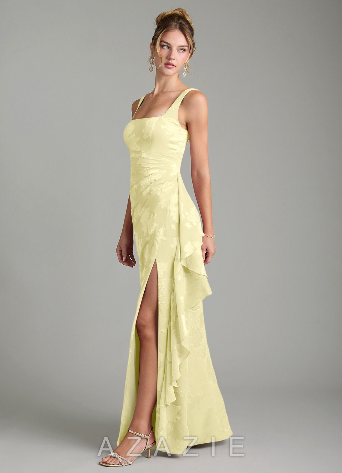 Azazie Veronica Lemon Sorbet Mermaid Pleated Floral Jacquard Burnout Dress lemon_sorbet