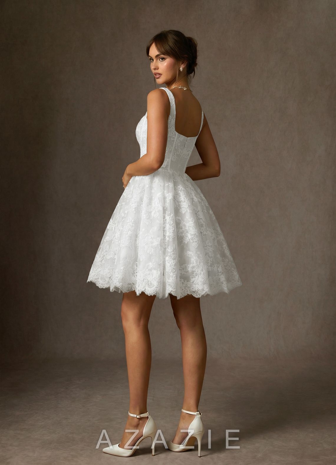 Azazie Nolicia Diamond White Ball-Gown Square Neckline Lace Dress
