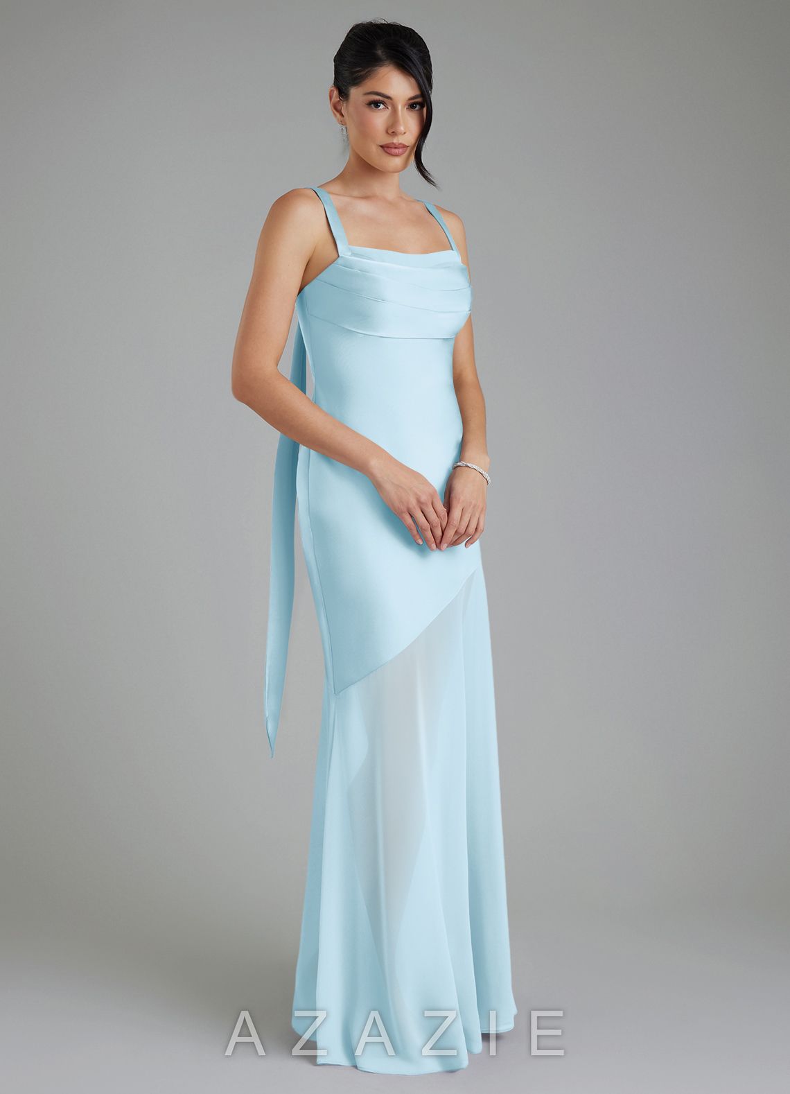 Azazie Piper Sky Blue Mermaid Pleated Stretch Satin Dress sky_blue