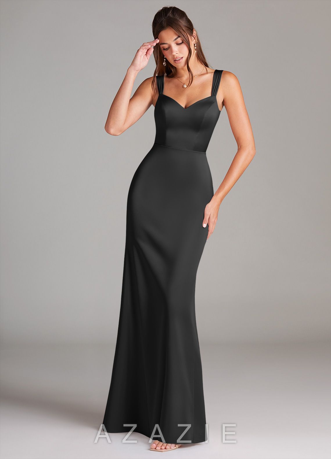 Azazie Denice Black Sheath Pleated Stretch Satin Dress