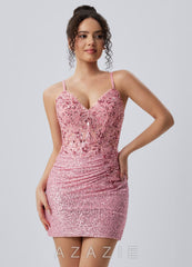 Milleca Pink Sequins Corset Lace-Up Mini Dress