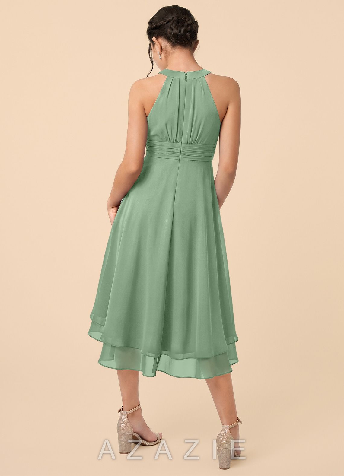 Azazie Linna Junior Matcha A-Line Pleated Chiffon Dress matcha