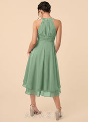 Azazie Linna Junior Matcha A-Line Pleated Chiffon Dress matcha
