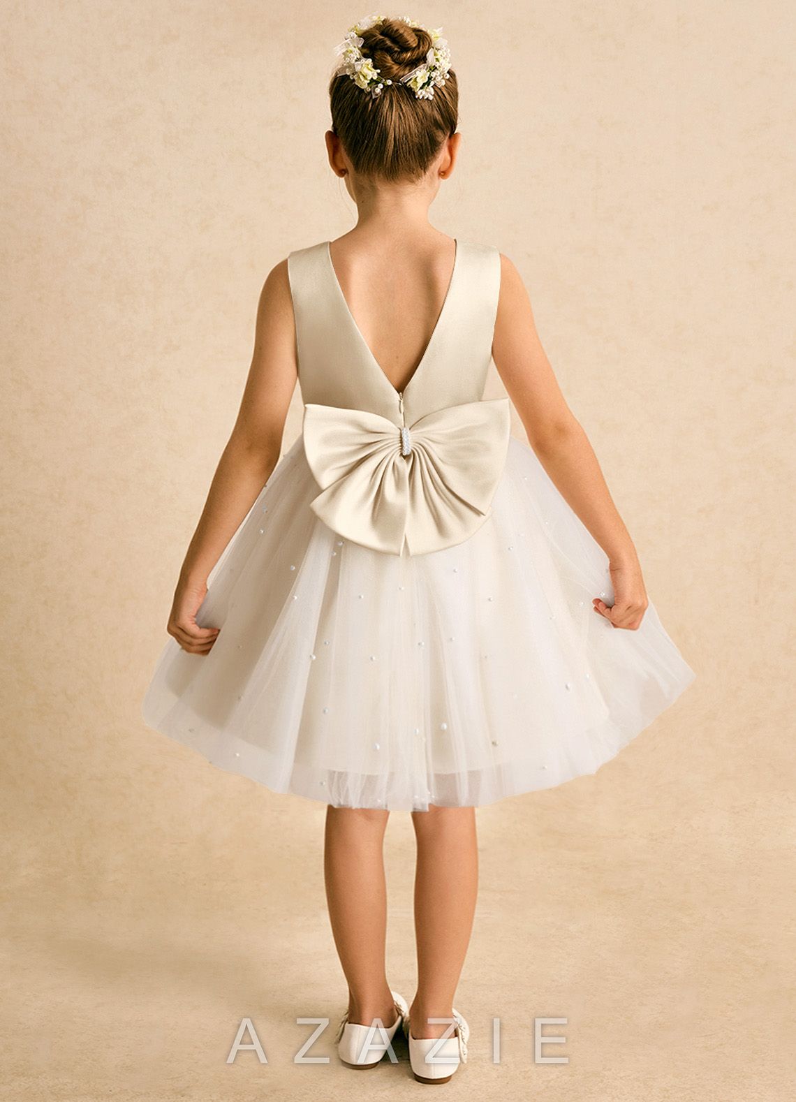Azazie Esme Champagne Ball-Gown Bow Tulle Dress champagne