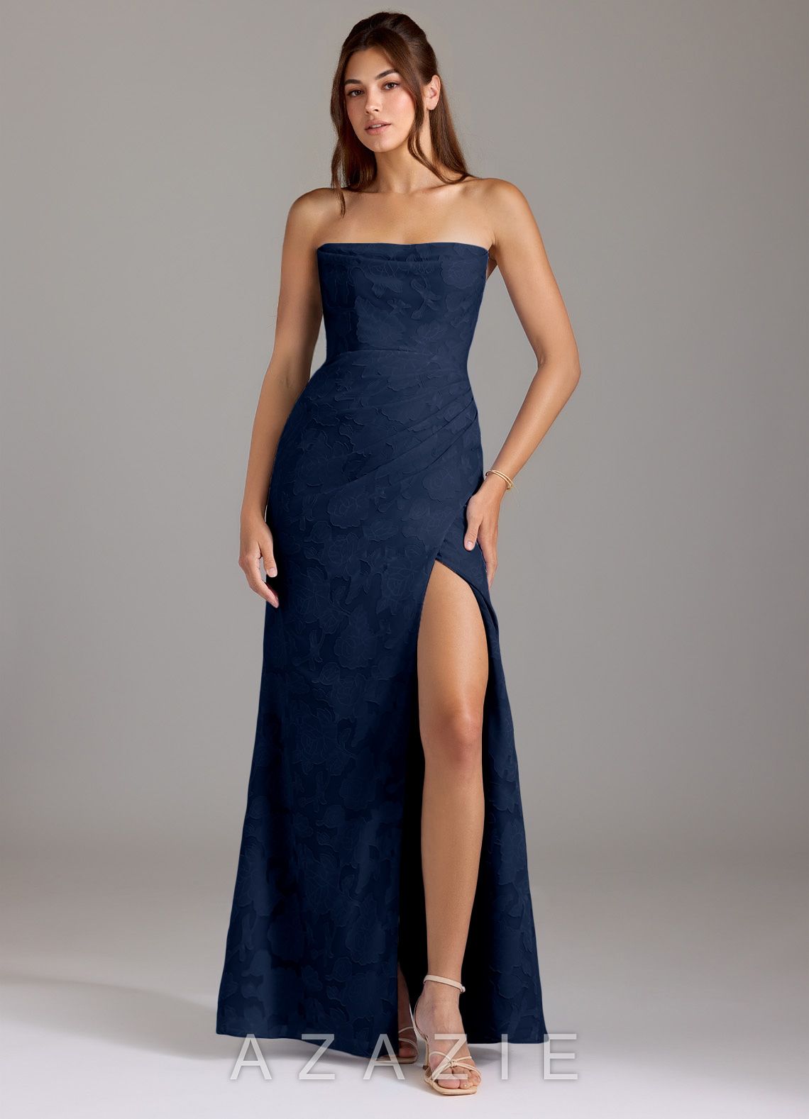 Azazie Leonis Dark Navy Sheath Strapless Floral Burnout Convertible Dress