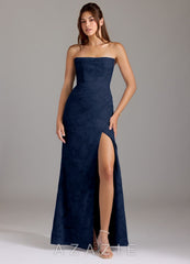 Azazie Leonis Dark Navy Sheath Strapless Floral Burnout Convertible Dress
