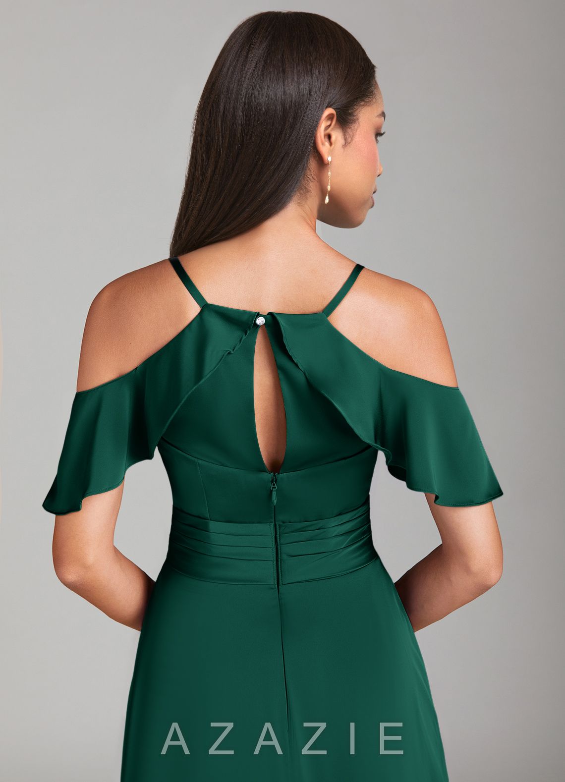 Azazie Dakota Emerald A-Line Off the Shoulder Stretch Satin Dress emerald