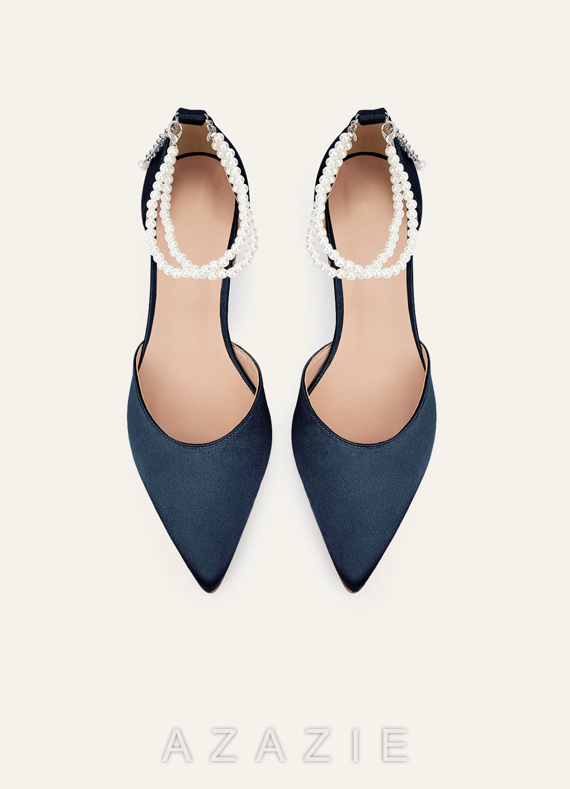 Matching Color Metallic Satin Pearl Strap Pointed Toe Block Heels  dark_navy