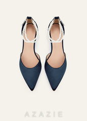 Matching Color Metallic Satin Pearl Strap Pointed Toe Block Heels  dark_navy