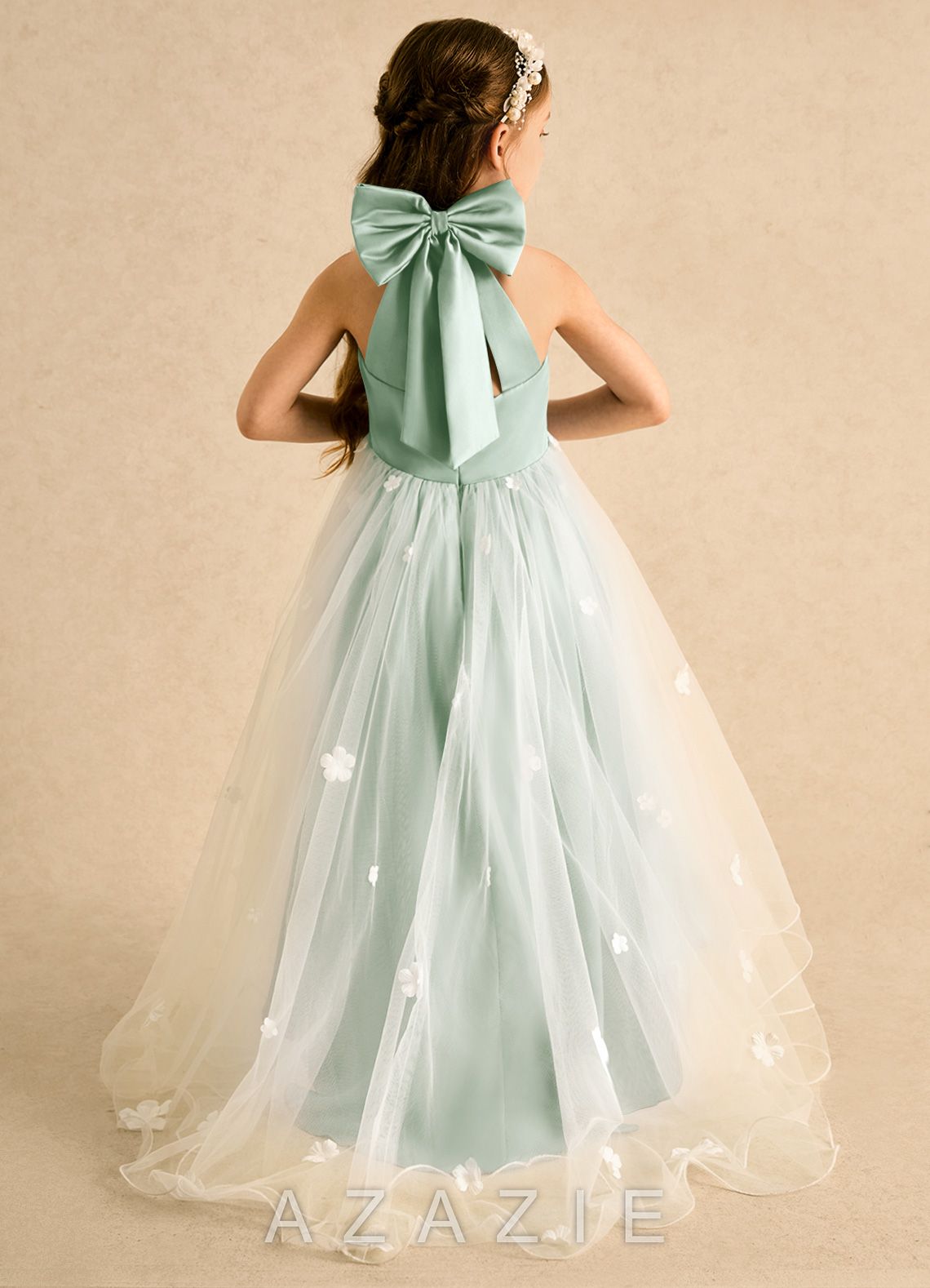 Azazie Cerra Agave A-Line Pleated Tulle Dress