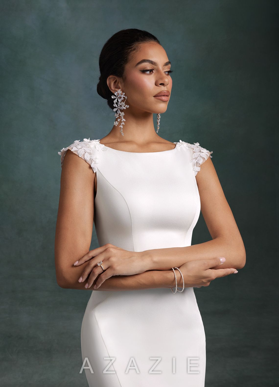 Azazie Oaklynn Diamond White Mermaid Boatneck Crepe Back Satin Dress diamond_white