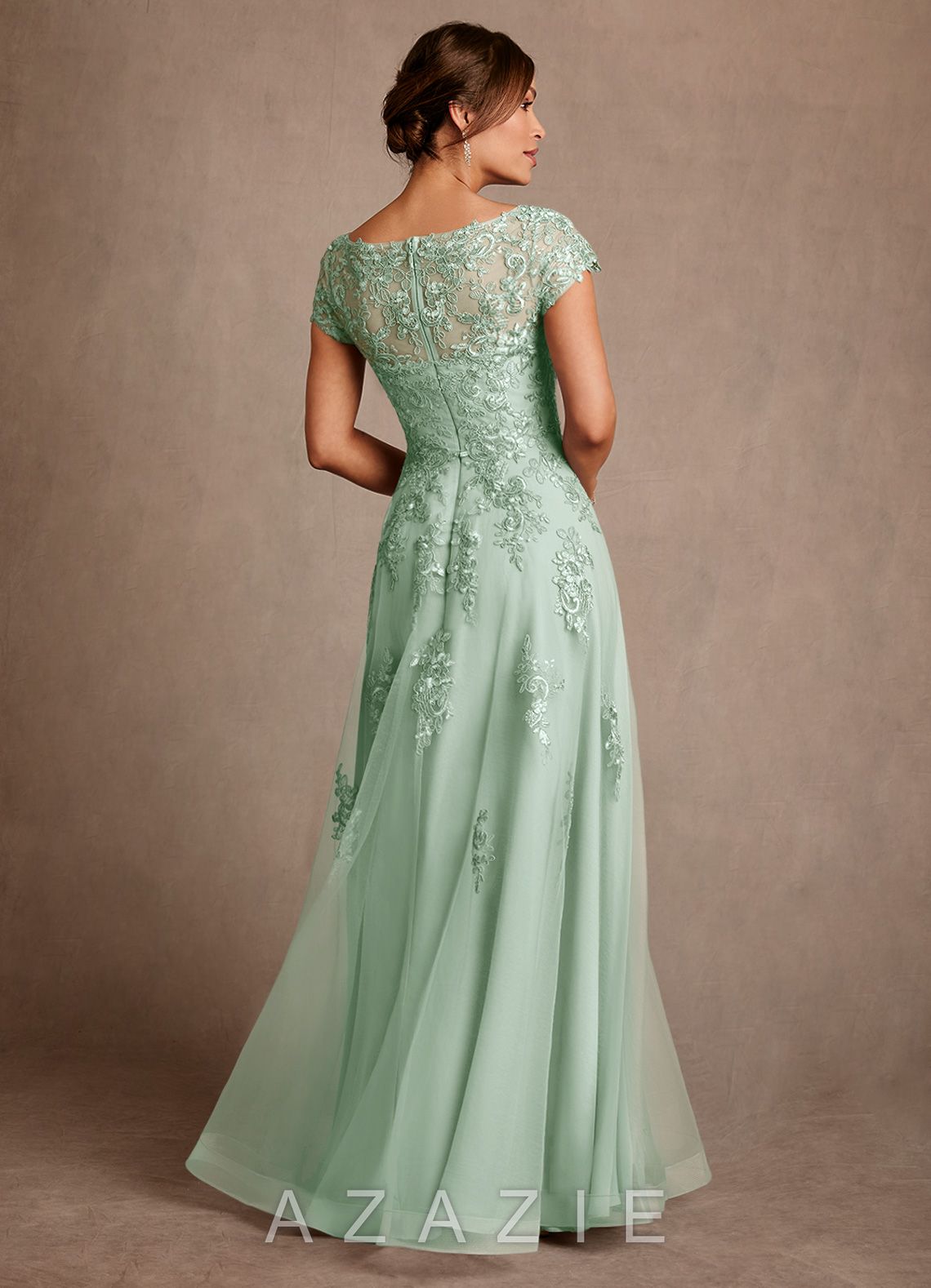Azazie Jalinda Agave A-Line Lace Chiffon Dress agave
