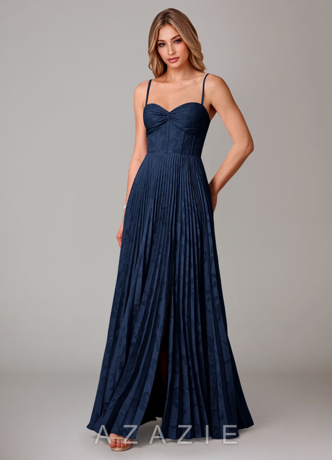 Azazie Akiko Dark Navy A-Line Sweetheart Neckline Floral Burnout Dress dark_navy