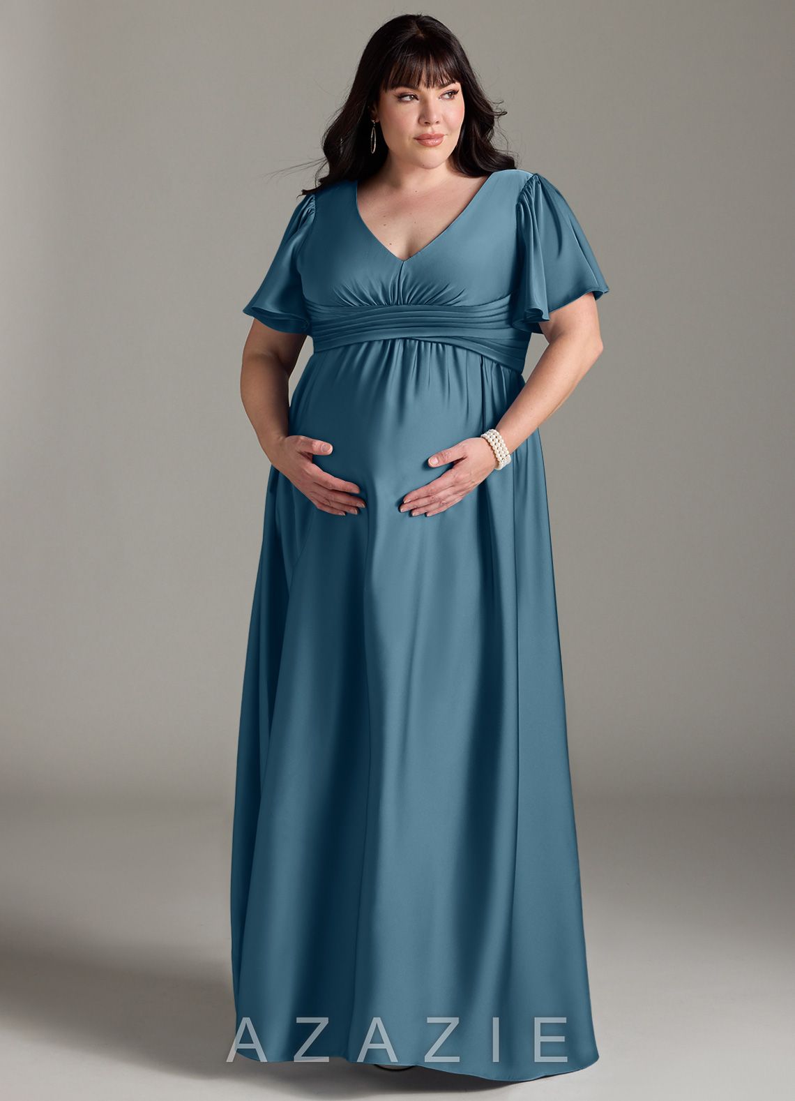 Azazie Verna A-Line Ruched Stretch Satin Floor-Length Dress bermuda