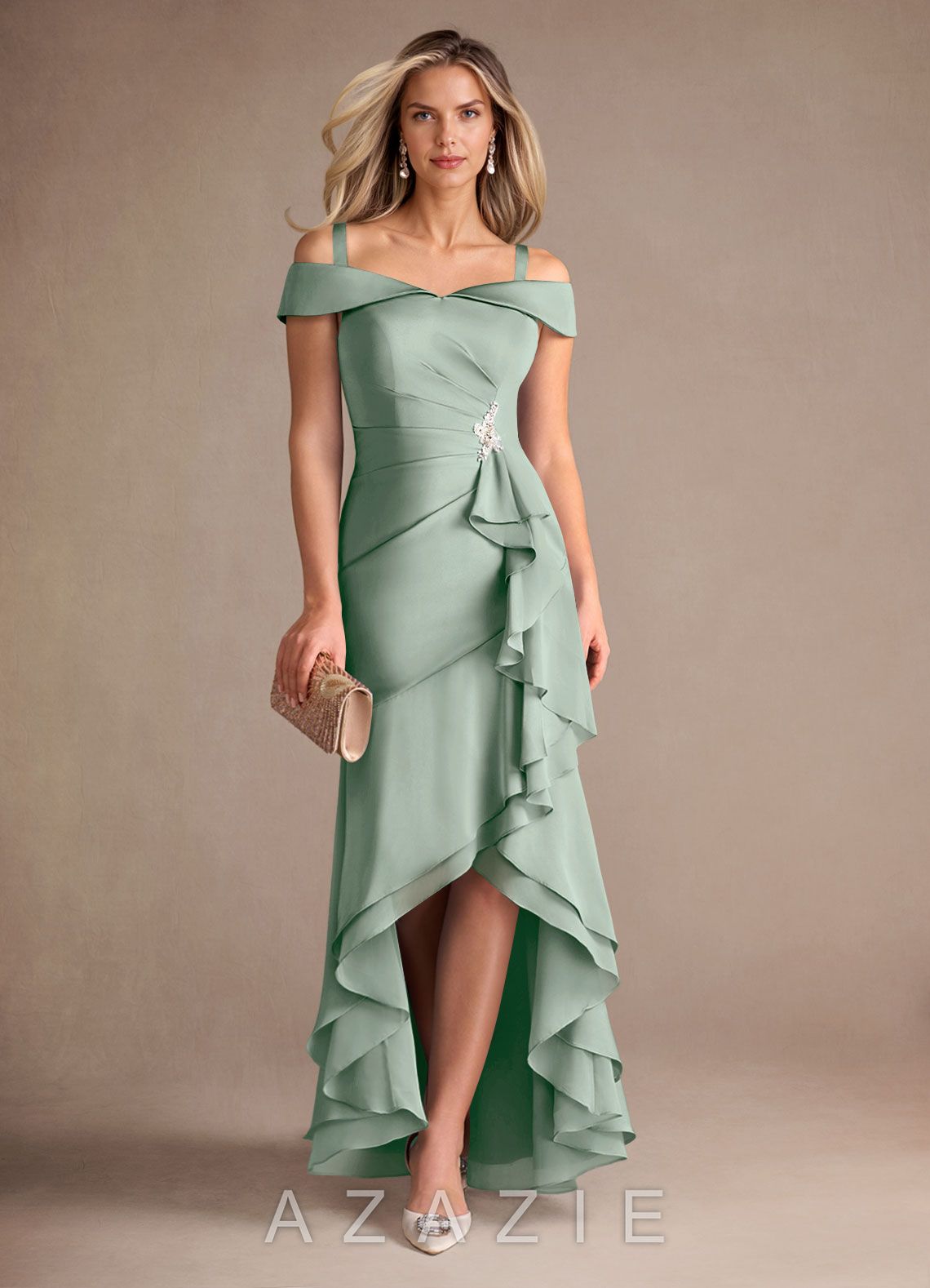 Azazie Billings Agave Mermaid Off the Shoulder Stretch Satin Dress agave