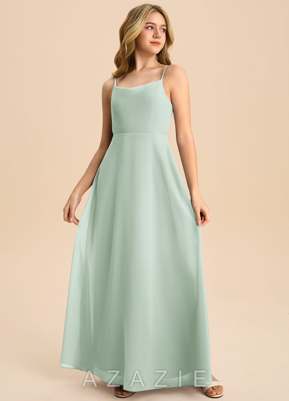 Azazie Shale Junior Agave A-Line Bow Chiffon Dress agave