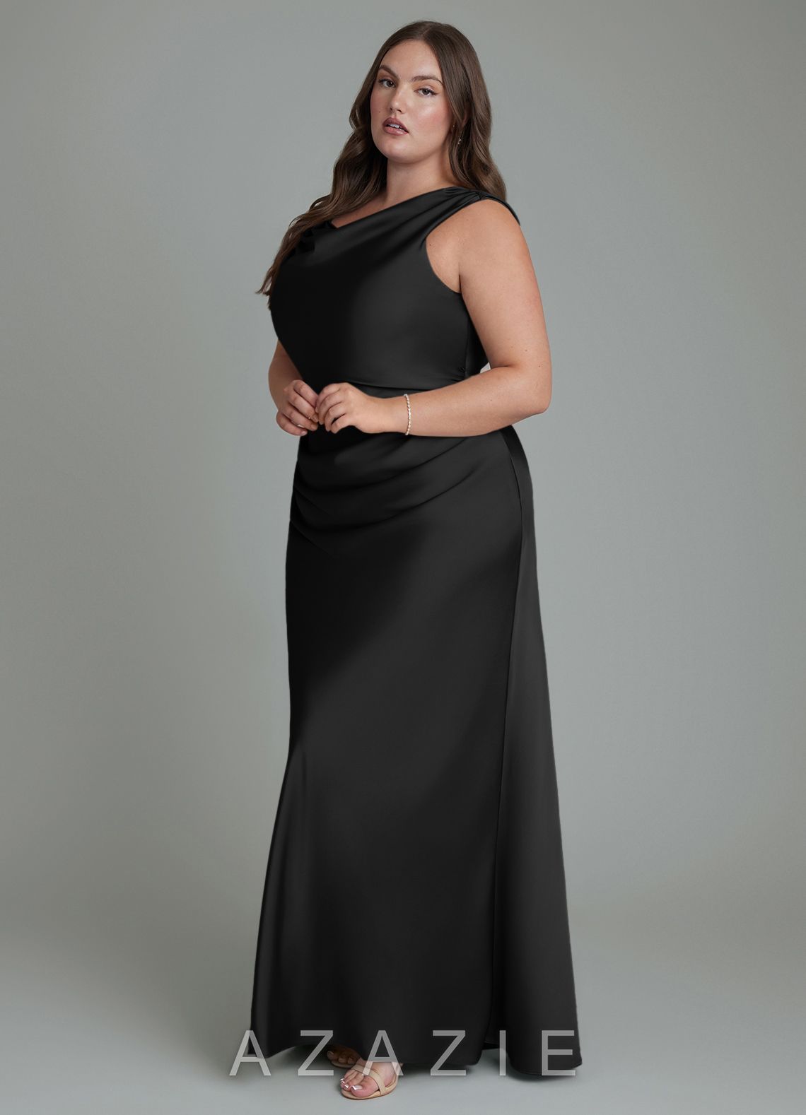 Azazie Kieryn Black Mermaid Pleated Stretch Satin Dress black