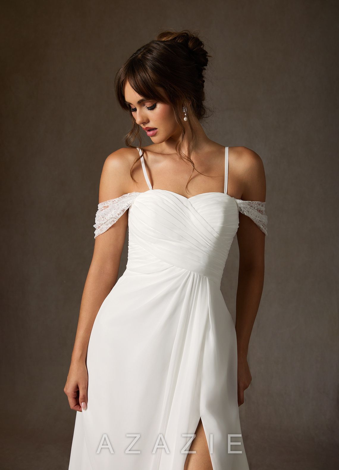 Azazie Zadie Wedding Dress Diamond White A-Line Off the Shoulder Chiffon Dress diamond_white