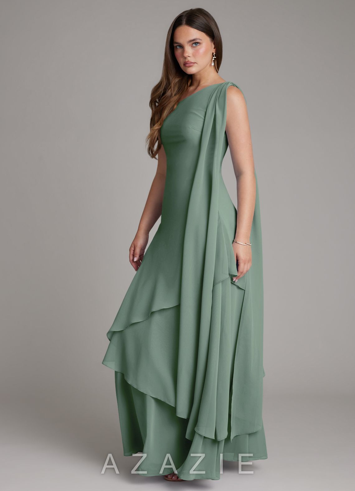 Azazie Monique Eucalyptus A-Line One Shoulder Chiffon Dress eucalyptus
