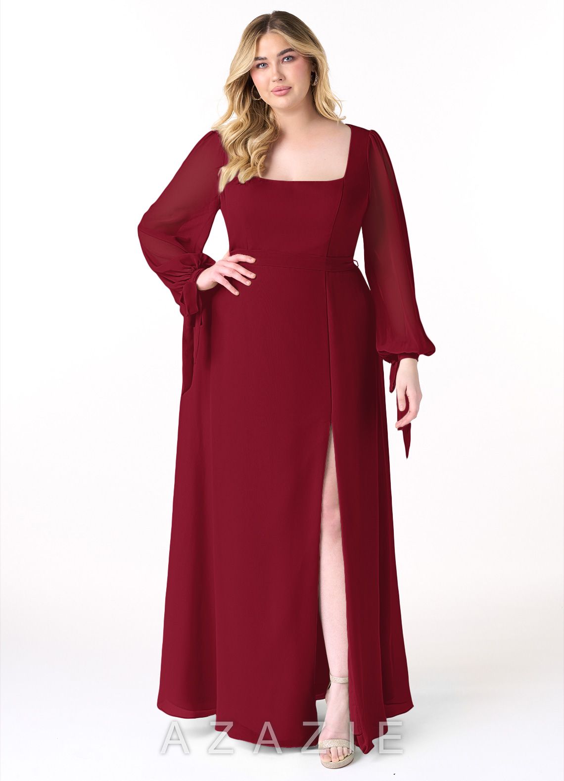 Azazie Leonia Burgundy A-Line Long Sleeve Chiffon Dress burgundy