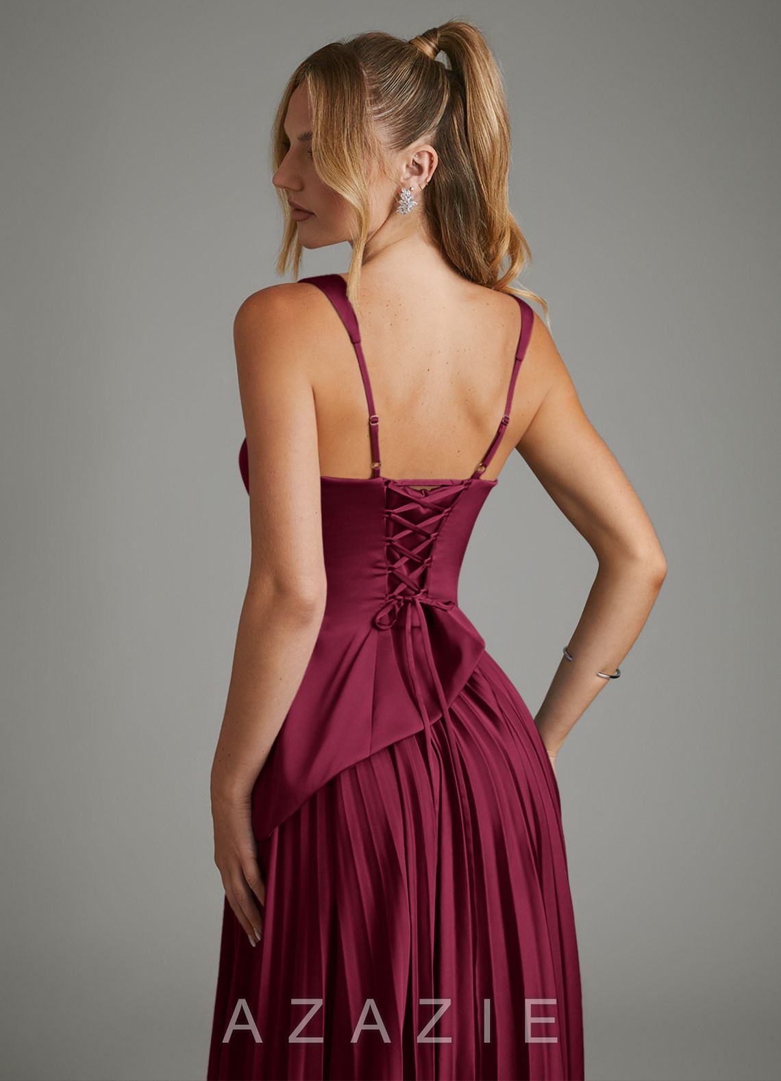Azazie Stephanie Burgundy A-Line Corset Stretch Satin Dress burgundy