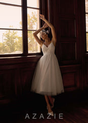 Azazie Liana Wedding Dress Diamond White A-Line V-Neck Sequins Tulle Dress diamond_white