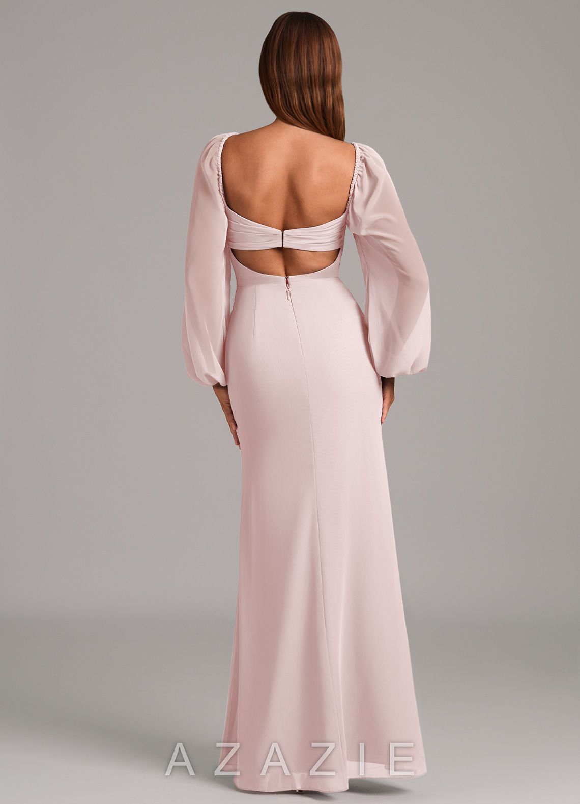Azazie Brixley Blushing Pink Mermaid Long Sleeve Chiffon Dress blushing_pink