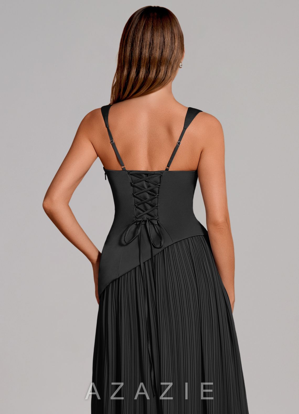 Azazie Stephanie Black A-Line Pleated Stretch Satin Dress black