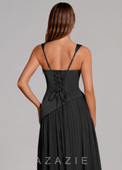 Azazie Stephanie Black A-Line Pleated Stretch Satin Dress black