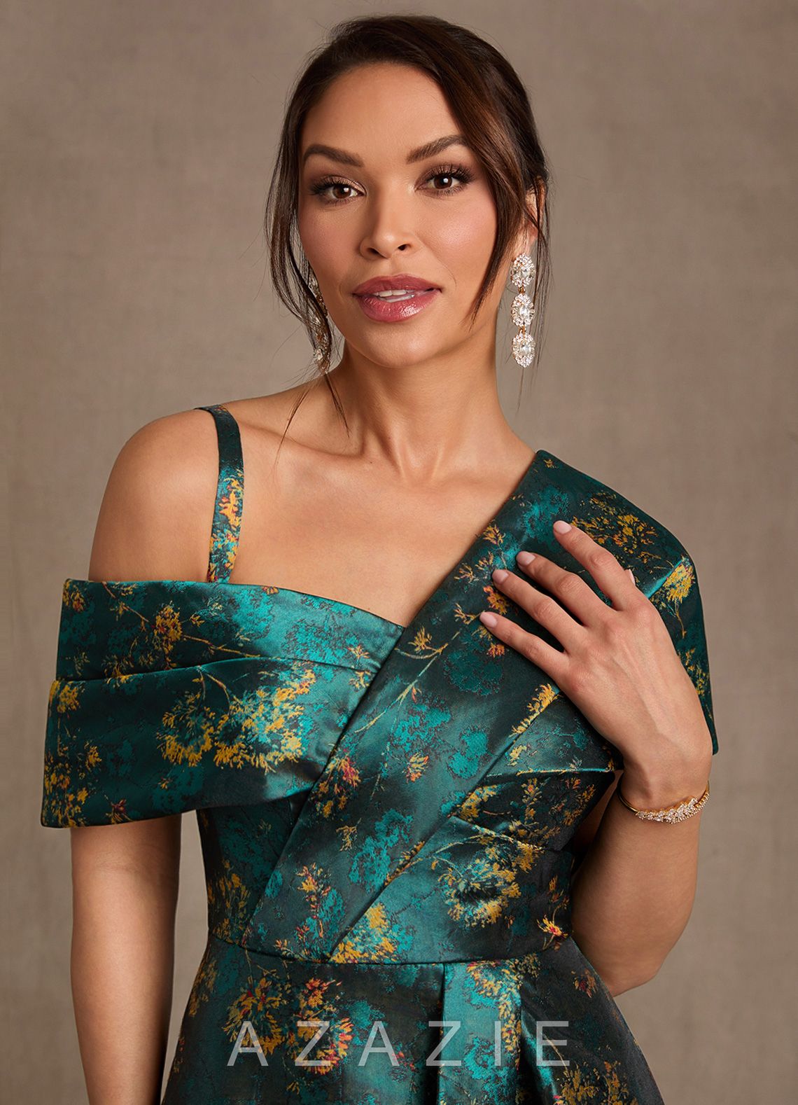Azazie Nonie Deep Green A-Line Off the Shoulder Floral Jacquard Dress deep_green