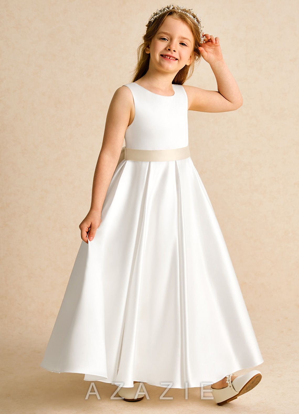 Azazie Cherry Ivory Champagne Ball-Gown Pleated Matte Satin Dress ivory/champagne