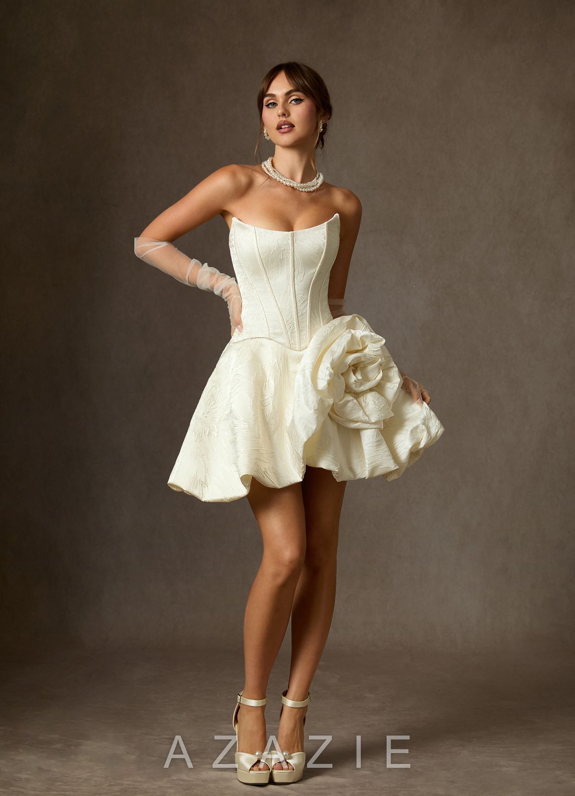 Azazie Kloe Antique White Ball-Gown Strapless Floral Jacquard Dress antique_white