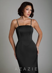Azazie Fallyn Black Sheath Corset Stretch Satin Dress black