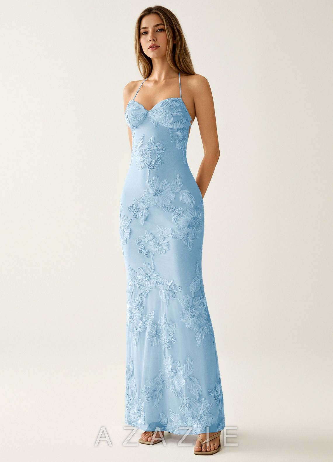 Nasasiya Sky Blue Stretch Lace Opne Back Party Dress