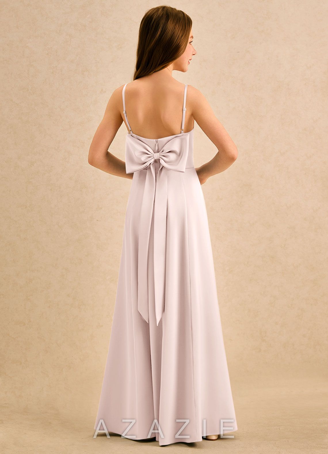 Azazie Chamomile Girls Formal Blushing Pink A-Line Pleated Stretch Satin Dress
