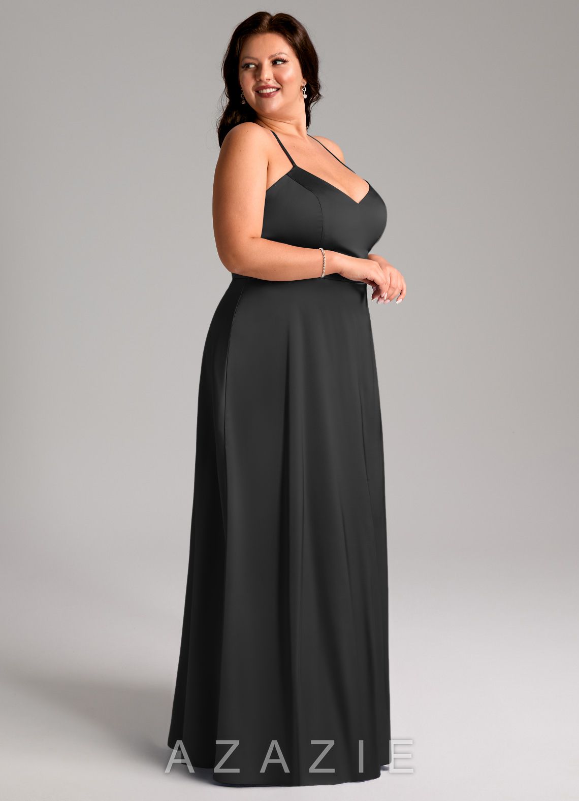 Azazie Mei Black A-Line V-Neck Stretch Satin Dress black