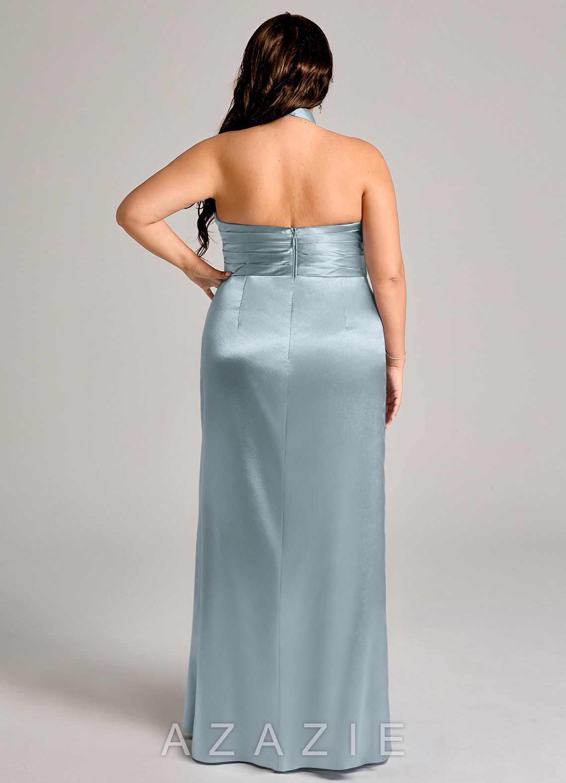 Azazie Jemma Dusty Blue Sheath Pleated Metallic Satin Dress dusty_blue