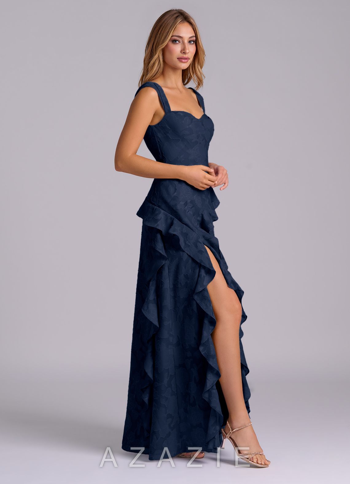 Azazie Sloane Dark Navy A-Line Sweetheart Neckline Floral Burnout Dress dark_navy