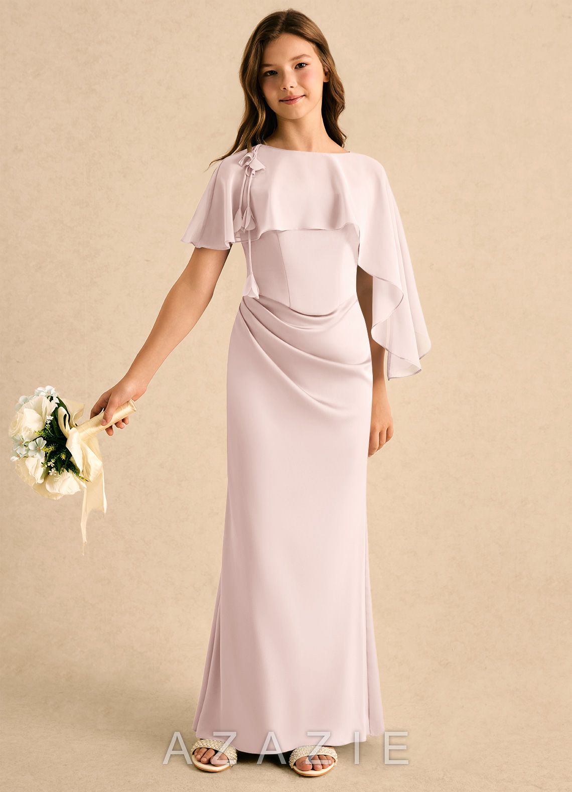 Azazie Bowie Girls Formal Blushing Pink Mermaid Pleated Stretch Satin Dress blushing_pink