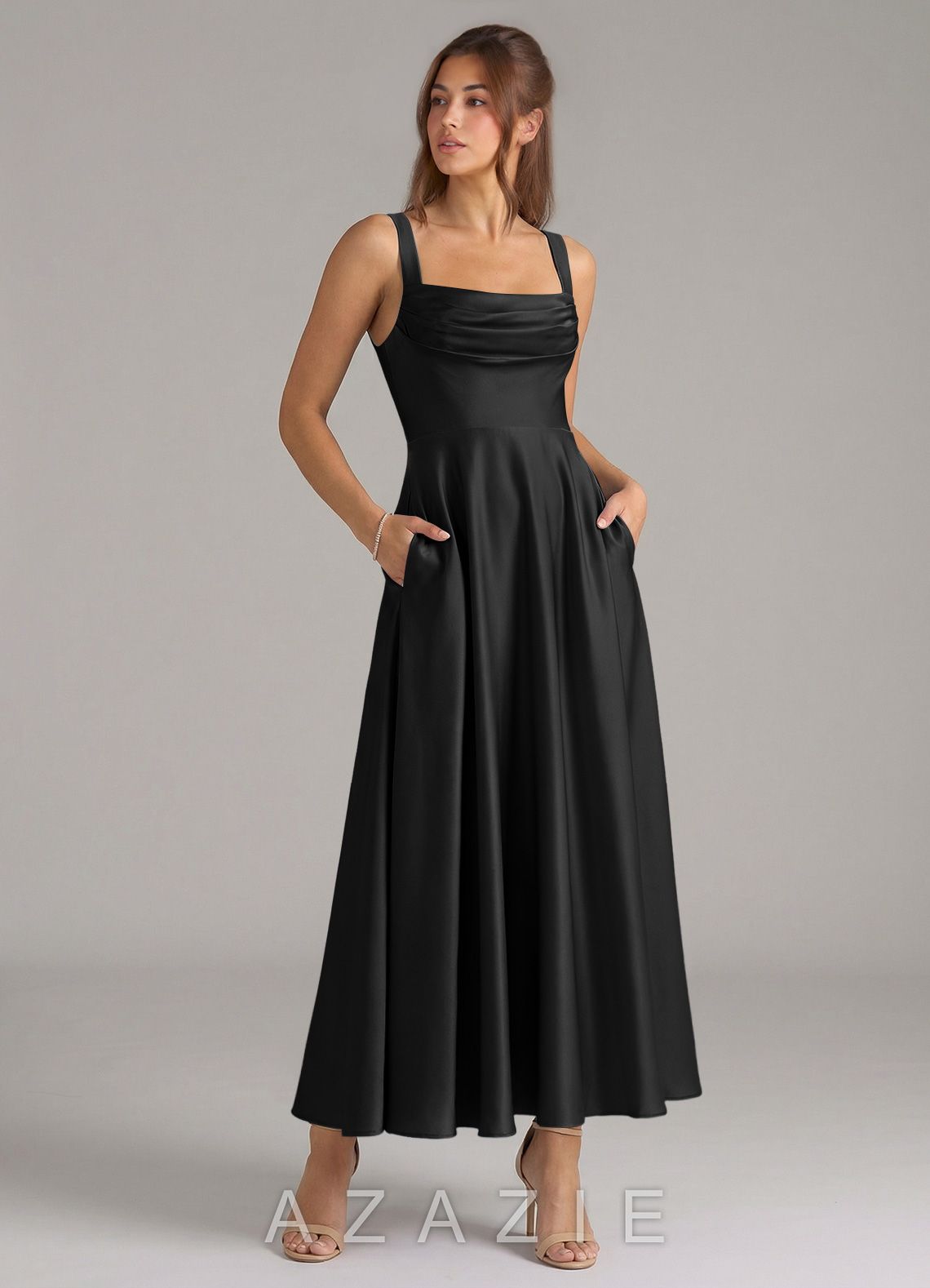 Azazie Shaude Black A-Line Pleated Stretch Satin Dress black