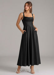 Azazie Shaude Black A-Line Pleated Stretch Satin Dress black