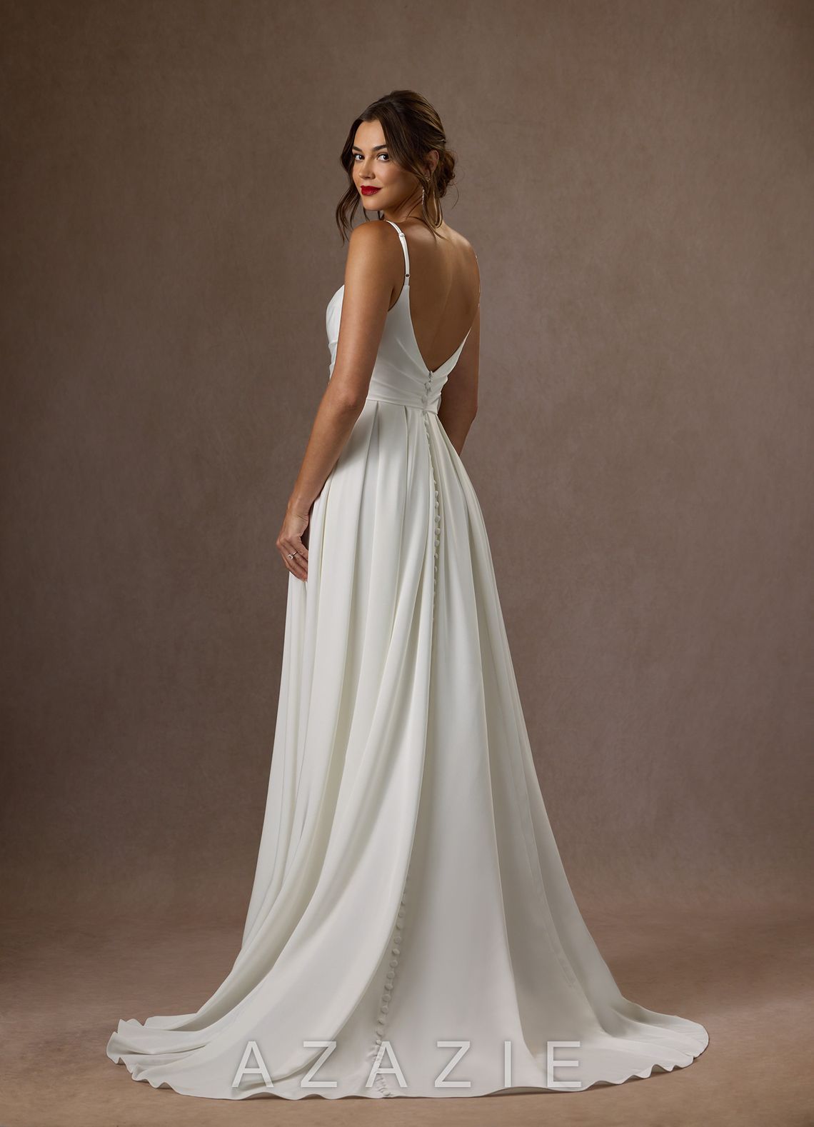 Azazie Caymus Wedding Dress Diamond White A-Line Scoop Pleated Crepe Back Satin Dress diamond_white
